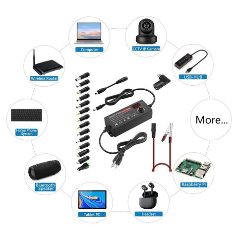 Universal 72W Power Supply With Adjustable 3V To 24V DC Output And 3A Cable, USB C PD 65W Fast Charger, 14 Tip Set, alligator clip cable