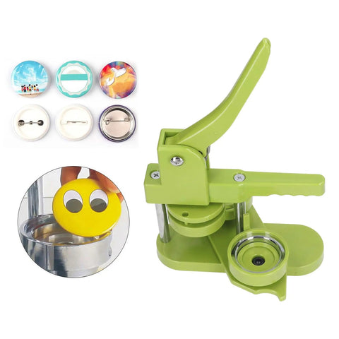 Awesome Premium Button Maker Machine Badge Press Kit Contains 100 Sets Panda Patterns And Supplies For DIY Crafts Gifts Keychains Bottle Openers For Beginners Making Custom Pins To Sell Online At Events Sharing Super Creativity. Green metal button press with sample pins and smiley badge