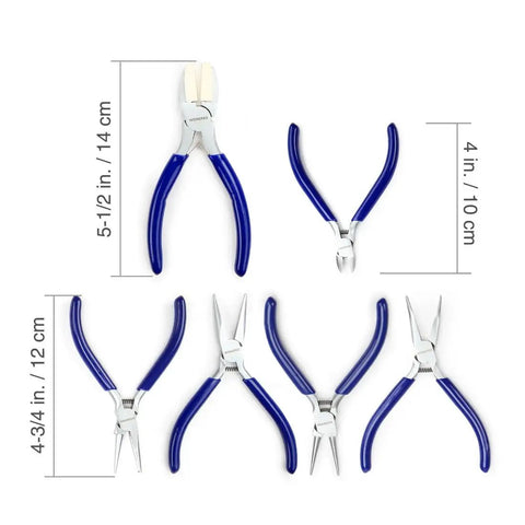7 Piece Jewelry Pliers Set For Beading And Wire Wrapping Includes Needle Nose Pliers, measurements shown, on white background