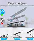 Adjustable Laptop Stand for Desk, Foldable Riser Holder with Ventilated Cooling, shown at various height settings, ergonomic design.
