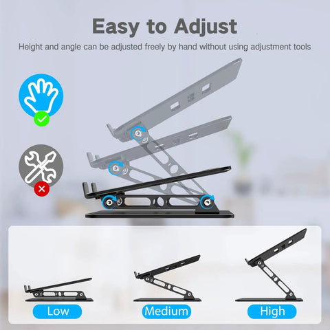 Adjustable Laptop Stand for Desk, Foldable Riser Holder with Ventilated Cooling, shown at various height settings, ergonomic design.