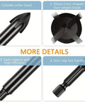 Top Shelf 10 Piece Drill Bit Set 6mm Heavy Duty Alloy Steel showing carbide cutter head, cross-shaped blade, hex handle, and efficiency features.