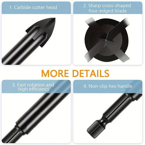 Top Shelf 10 Piece Drill Bit Set 6mm Heavy Duty Alloy Steel showing carbide cutter head, cross-shaped blade, hex handle, and efficiency features.