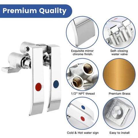 Premium quality dual pedal knee valve for hands free faucet, chrome finish, 1/2 NPT thread, hot cold water control features shown.