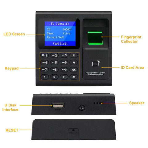 No Sweat Fingerprint Time Attendance System Bundled With Rock Solid 400lb Magnetic Lock Entry Kit showing LED screen, keypad, fingerprint collector.