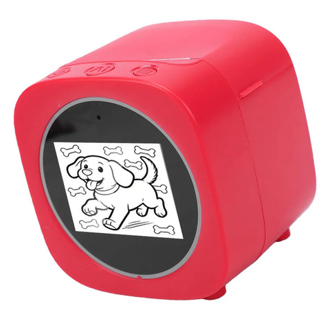 AI Sticker Printer With Voice Activated Label Maker And Thermal Printing Tech For Scrapbooking showing a red device with a dog image.