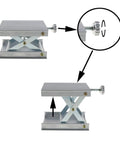 Lab lifting platform: front and side views of a silver adjustable aluminum scissor-lift with screw knob