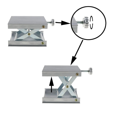 Lab lifting platform: front and side views of a silver adjustable aluminum scissor-lift with screw knob