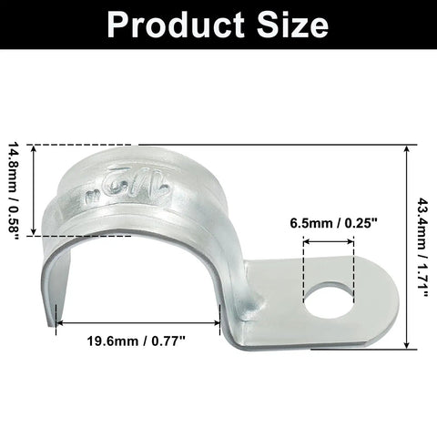 Heavy Duty Reusable 1/2 Inch EMT Conduit Clamps Zinc Plated Steel Rigid Pipe Straps detailed size illustration