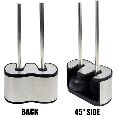Heavy Duty Stainless Steel Toilet Bowl Brush And Plunger Set With Freestanding Bathroom Canister killer from the back and side.