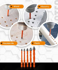 BGTEC masonry drill bit set, 10 pcs, orange tungsten carbide tips with hex shanks (5/6/8/10/12 mm), front view