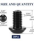 20 Piece Pack 5/16 X 5/8 Inch Button Head Socket Cap Bolts In 304 Stainless Steel 18 8 With Hex Key Included Black Oxide Finish showing dimensions and characteristics.