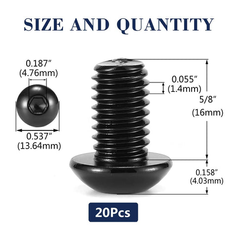 20 Piece Pack 5/16 X 5/8 Inch Button Head Socket Cap Bolts In 304 Stainless Steel 18 8 With Hex Key Included Black Oxide Finish showing dimensions and characteristics.