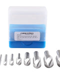 Nine Piece HSS Countersink Set, Precision Ground 90 Degree Flutes In A Durable Case, shown with full range of sizes.