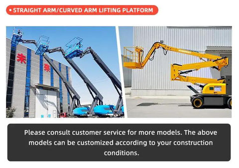Heavy Duty Scissor Lift Table Featuring Smooth Rolling Hydraulic Mobile Platform, showcasing straight and curved arm lifting platforms for construction.