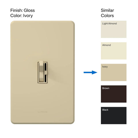 Ariadni LED Plus Dimmer Switch For Dimmable LEDs Halogen And Incandescent Lights No-Fuss 150W Single-Pole Or 3-Way Ivory AYCL-153P-IV shown in gloss finish with color comparison