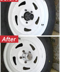 Push Through Center Caps 3.19 Inch For Trailer, Truck, And RV Wheel Rims Chrome Plated Silver Carbon Steel 4 Closed End Center Bore Caps That Stay Put, Scratch Resistant, Durable, Easy Install before and after installation on white wheel.