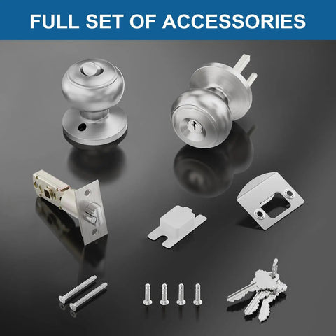Keyed Entry Door Knob With Lock In Satin Nickel Finish Solid Stainless Steel For Front Or Back Doors No Brainer Easy Install With Screws Over 200000 Cycles Includes 3 Brass Keys Fits Standard 1 3 8 To 1 3 4 Inch Doors Adjustable Latch showcasing full set of accessories