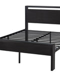 Heavy Duty Full Size Bed Frame With Wooden Headboard And Footboard In Black Oak, showing slats and sturdy steel support.