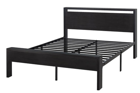 Heavy Duty Full Size Bed Frame With Wooden Headboard And Footboard In Black Oak, showing slats and sturdy steel support.