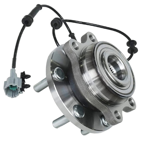Two Front Wheel Bearing Hubs Assembly Kit Direct Replacement For 2005 Through 2019 Nissan Frontier Pathfinder Xterra And Suzuki Equator 4WD Only Includes Two Front Hubs With Six Bolt ABS Senso Compatible For Front Axle Replacement, showing hub with bolts and ABS sensor wire close-up
