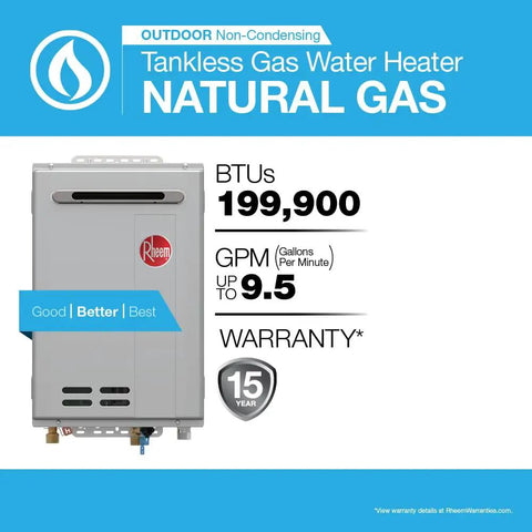Heavy Duty Outdoor Natural Gas Tankless Water Heater 9.5 GPM 199900 BTU displayed with warranty and specifications.