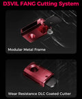 Two components of a modular metal frame with DLC coated cutter from D3VIL FANG Cutting System, highlighting wear resistance.