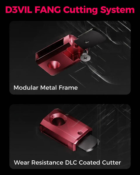 Two components of a modular metal frame with DLC coated cutter from D3VIL FANG Cutting System, highlighting wear resistance.