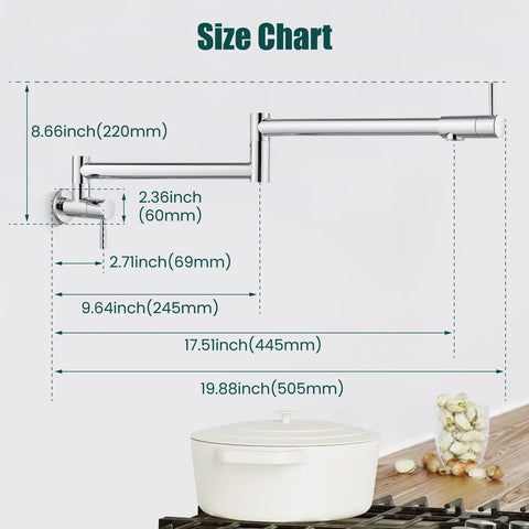 19 Inch Wall Mount Pot Filler Faucet With Folding Stretchable Swing Arm, size chart with dimensions and polished chrome finish