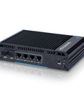 Rock Solid Fanless Router Firewall Mini Pc With Dual Sfp Fiber And Quad Lan Ports Intel N150 Cpu 8G Ddr4 128G Nvme Ssd rear view showing ports and heat sink.