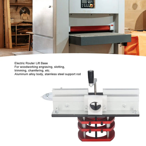 Heavy Duty Router Lift System With Aluminum Base Plate Precision Lifting Kit For Woodworking Trimming Engraving Slotting showing aluminum alloy base and stainless steel support.