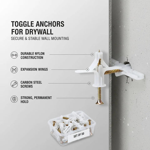 50 Pack Drywall Toggle Anchors With Screws For Hollow Walls, The Must-Have Home DIY Mount Kit, showing nylon anchors gripping gypsum board