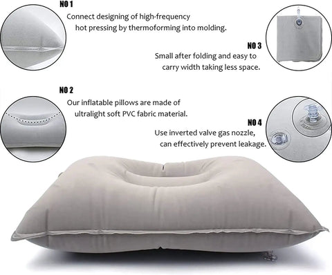2Pack Ultralight A4 Travel Pillow With Flocked Fabric, Go-To Inflatable Neck And Lumbar Support, Small Square Design, Gray