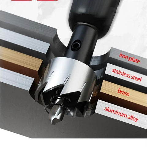 HSS Hole Saw Drill Bit Set For Stainless Steel And Wood, 15 To 50 Mm Range, cutting through multiple materials like iron and brass.