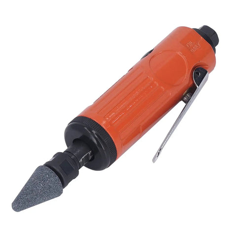 Real Deal Air Die Grinder Kit With No Sweat Comfort Ergonomic Grip And Super Low Noise Operation, Lightweight pneumatic tool in orange with pointed grinding tip.