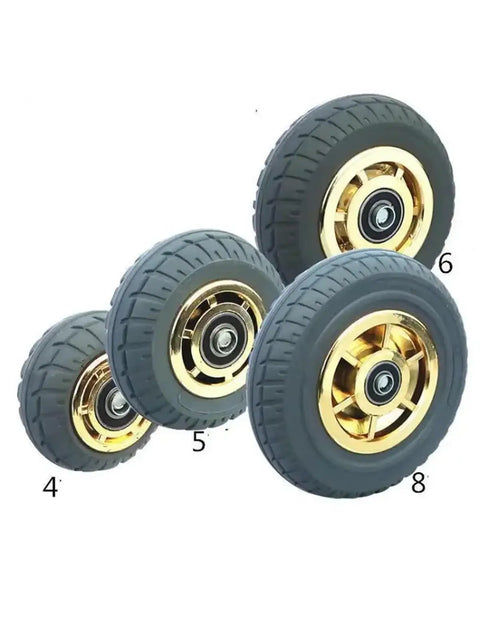 8 Inch Heavy Duty Silent Rubber Caster Wheels With Smooth As Butter Glide And Flat Mount Plate For Utility Carts and Shop Gear displayed in various sizes.
