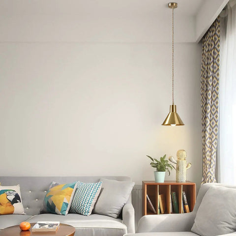Living room with Brushed Gold Modern Cone Pendant Light For Kitchen Island And Hallway Brass Hanging Ceiling Lamp