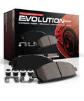 PowerStop Evolution Sport carbon-fiber ceramic rear brake pads with installation hardware, front view