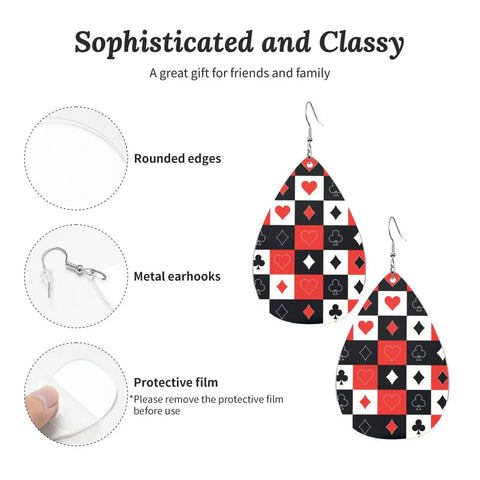 Dope Poker Suit Dangle Drop Earrings Featuring Bold Grid Card Pattern Silver Plated Hooks Lightweight Acrylic Teardrops with rounded edges