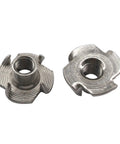 Close-up of 50 Piece M10 Solid 304 Stainless Steel T Nuts Four Claw Threaded Inserts for wood and metal projects
