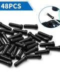 48Pcs Bike Cable End Crimps Set for MTB and Road Bike, black alloy caps preventing wire loosening, shown with application detail.