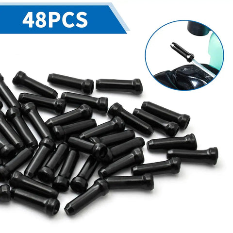 48Pcs Bike Cable End Crimps Set for MTB and Road Bike, black alloy caps preventing wire loosening, shown with application detail.
