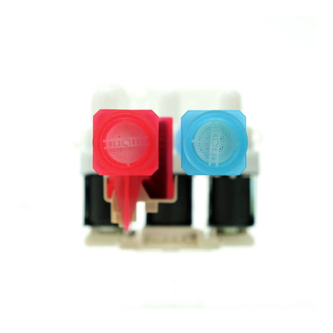 Top view of Water Inlet Valve Assembly For Washing Machines OEM 5304528029 in pink and blue fittings