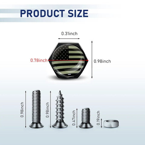 Top Shelf Pack Of Four License Plate Screws With A Badass American Flag Etched On Rust Proof Aluminum Alloy For Cars Trucks And Motorcycles Heavy Duty Slick Finish, product dimensions displayed.