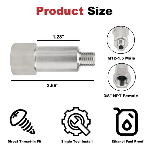 Stainless Steel Coolant Temperature Sensor Adapter For LS Engine Swaps M12 1.5 To Three Eighths Inch NPT Plug And Play Install Keeps OEM Sensors In Place On LS X LS1 LS3 LS2 LM4 LM7 L76 LQ9 LR4 LS6 And More GM LS Engines. 2.56 in stainless adapter, M12-1.5 male to 3/8 NPT female