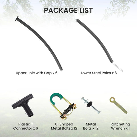 Six Pack Curved Trampoline Replacement Poles Thick Galvanized Steel Upgrades Fit 8 To 16 Foot Backyard Bouncers showing package list items.