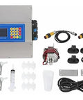 Four Head Liquid Filling Machine With Digital Control And Conveyor Belt components including controller, syringe, and hoses.