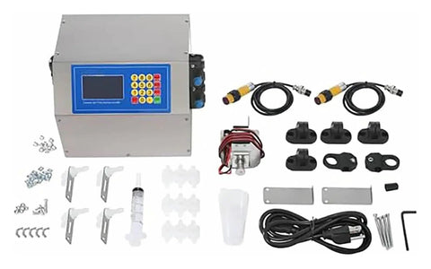 Four Head Liquid Filling Machine With Digital Control And Conveyor Belt components including controller, syringe, and hoses.