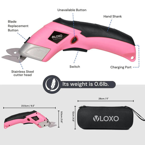 Cordless Electric Scissors For Cardboard And Fabric With Two Blade Types, rechargeable power shears, pink, side view