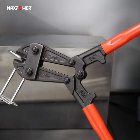 Heavy Duty 24 Inch Bolt Cutter with drop forged Cr-Mo steel jaws and non-slip rubber handles cutting metal lock.